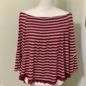 L U Q  red/white stripe off shoulder blouse. Size Medium